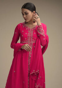 Hot Pink Palazzo Suit In Georgette With Cut Dana And Moti Embroidered Floral Buttis