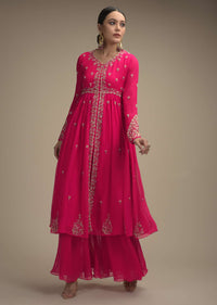 Hot Pink Palazzo Suit In Georgette With Cut Dana And Moti Embroidered Floral Buttis