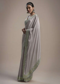 Powder Purple Saree In Crepe With Thread And Gotta Patti Embroidered Border And Unstitched Blouse Online - Kalki Fashion