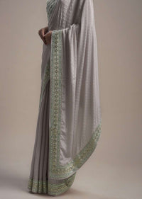 Powder Purple Saree In Crepe With Thread And Gotta Patti Embroidered Border And Unstitched Blouse Online - Kalki Fashion