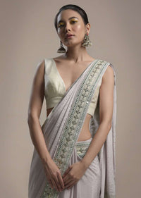 Powder Purple Saree In Crepe With Thread And Gotta Patti Embroidered Border And Unstitched Blouse Online - Kalki Fashion