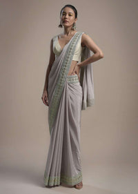 Powder Purple Saree In Crepe With Thread And Gotta Patti Embroidered Border And Unstitched Blouse Online - Kalki Fashion