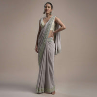 Powder Purple Saree In Crepe With Thread And Gotta Patti Embroidered Border And Unstitched Blouse Online - Kalki Fashion