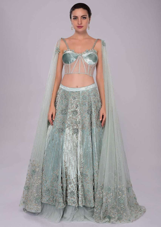 Aviary Blue Lehenga In Embroidered Velvet Paired With Matching Corset With Attached Draped Dupatta Online - Kalki Fashion