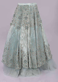 Aviary Blue Lehenga In Embroidered Velvet Paired With Matching Corset With Attached Draped Dupatta Online - Kalki Fashion