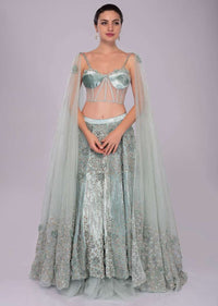 Aviary Blue Lehenga In Embroidered Velvet Paired With Matching Corset With Attached Draped Dupatta Online - Kalki Fashion