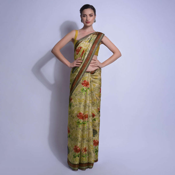 Light Green Saree In Silk With Multi Colored Print In Floral Motifs