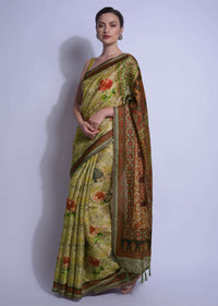 Light Green Saree In Silk With Multi Colored Print In Floral Motifs