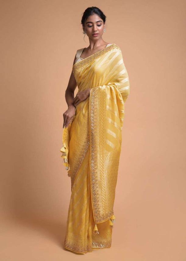 Daffodil Yellow Banarasi Saree In Georgette With Weaved Diagonal Stripes All Over Online - Kalki Fashion