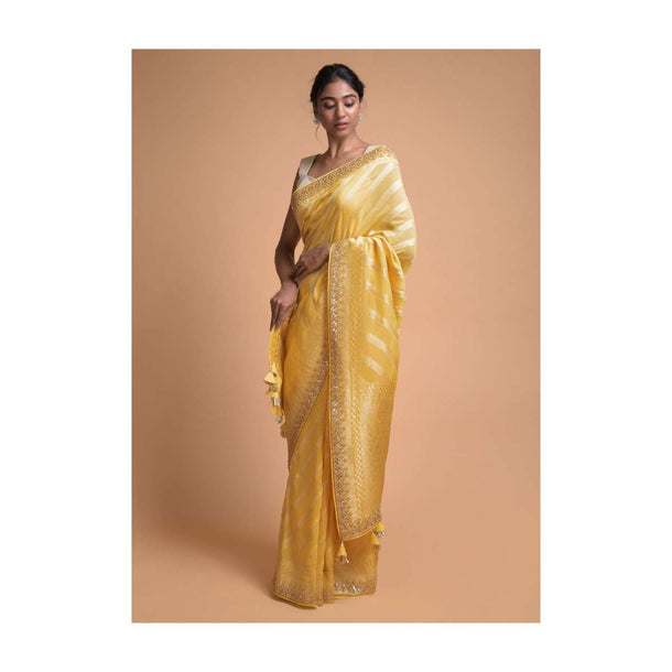 Daffodil Yellow Banarasi Saree In Georgette With Weaved Diagonal Stripes All Over Online - Kalki Fashion