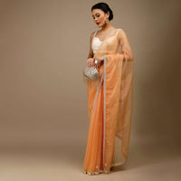 Pumpkin Orange Saree In Organza With Moti Beads And Stone Embroidered Round Motifs On The Border And Butti Design