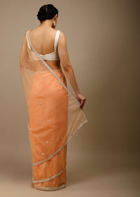 Pumpkin Orange Saree In Organza With Moti Beads And Stone Embroidered Round Motifs On The Border And Butti Design