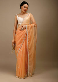 Pumpkin Orange Saree In Organza With Moti Beads And Stone Embroidered Round Motifs On The Border And Butti Design