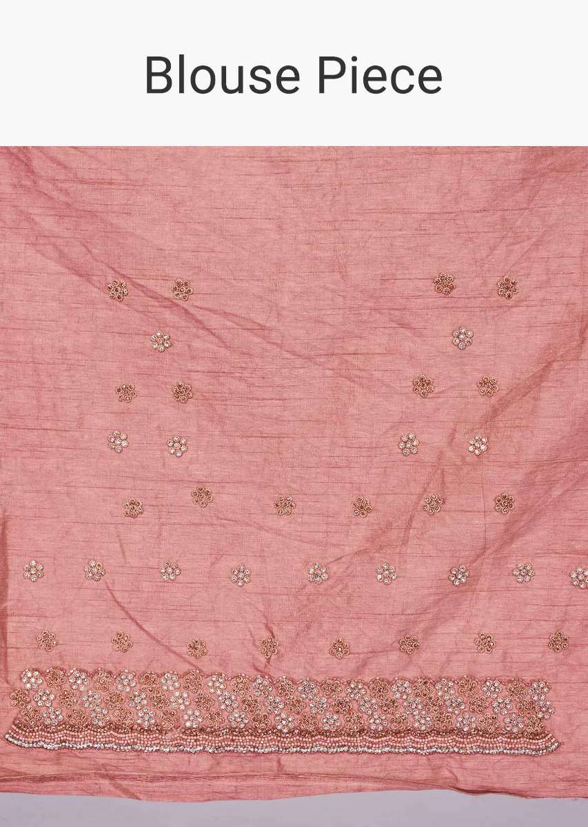 Punch pink half and half saree in chantilly lace and satin chiffon