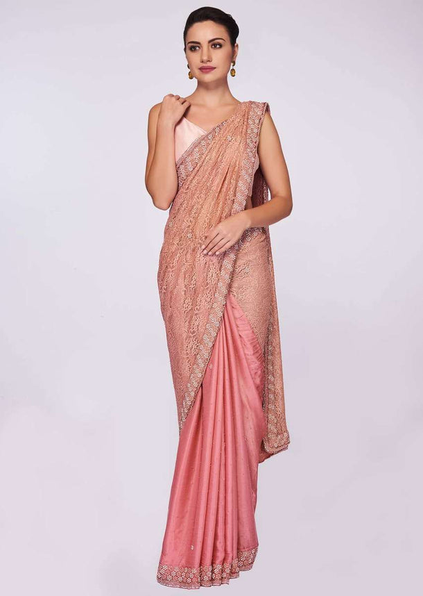 Punch pink half and half saree in chantilly lace and satin chiffon