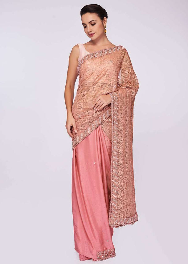 Punch pink half and half saree in chantilly lace and satin chiffon