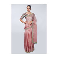 Punch pink organza saree with heavy embroidered border only on Kalki