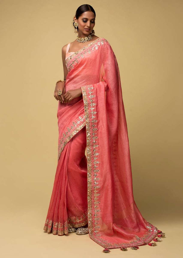 Punch Pink Saree In Kota Silk With Gotta Patches, Zardozi And Pearls In Leaf Pattern On The Border Online - Kalki Fashion