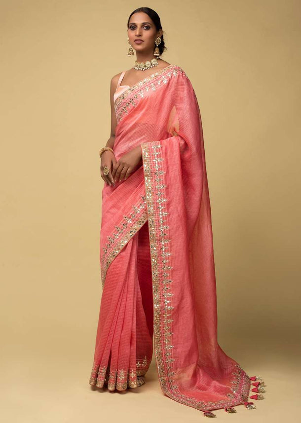 Punch Pink Saree In Kota Silk With Gotta Patches, Zardozi And Pearls In Leaf Pattern On The Border Online - Kalki Fashion