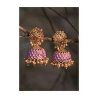 Purple And Gold Plated Jhumkas With Carved Mesh, Crystals And Dangling Pearls  Online - Kalki Fashion