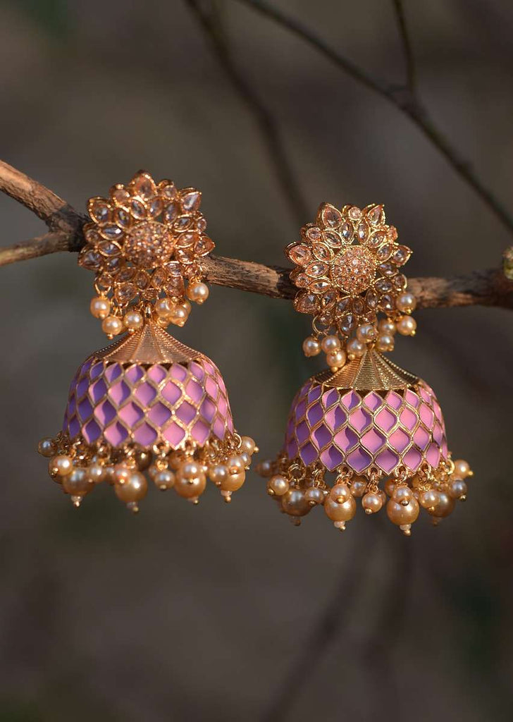 Purple And Gold Plated Jhumkas With Carved Mesh, Crystals And Dangling Pearls  Online - Kalki Fashion