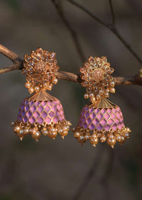 Purple And Gold Plated Jhumkas With Carved Mesh, Crystals And Dangling Pearls  Online - Kalki Fashion