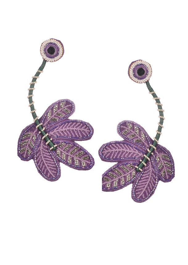 Purple And White Hand Embroidered Thread And Beaded Boho Dangler Earrings