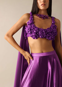 Purple Art Silk Skirt with Bustier Enhanced with 3D Flower