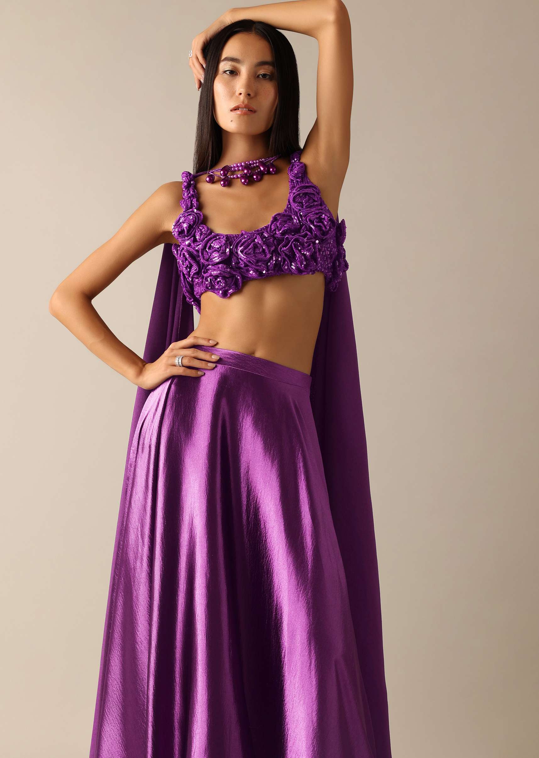 Purple Art Silk Skirt with Bustier Enhanced with 3D Flower