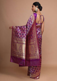 Purple Banarasi Saree In Silk With Weaved Floral Mesh Jaal