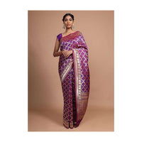 Purple Banarasi Saree In Silk With Weaved Floral Mesh Jaal