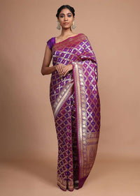 Purple Banarasi Saree In Silk With Weaved Floral Mesh Jaal