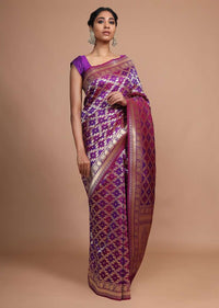 Purple Banarasi Saree In Silk With Weaved Floral Mesh Jaal