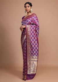 Purple Banarasi Saree In Silk With Weaved Floral Mesh Jaal