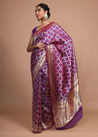 Purple Banarasi Saree In Silk With Weaved Floral Mesh Jaal