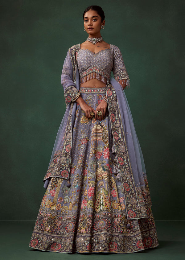 Purple Bird Motif Printed Kali Bridal Lehenga Set with Heavy Embroidery
