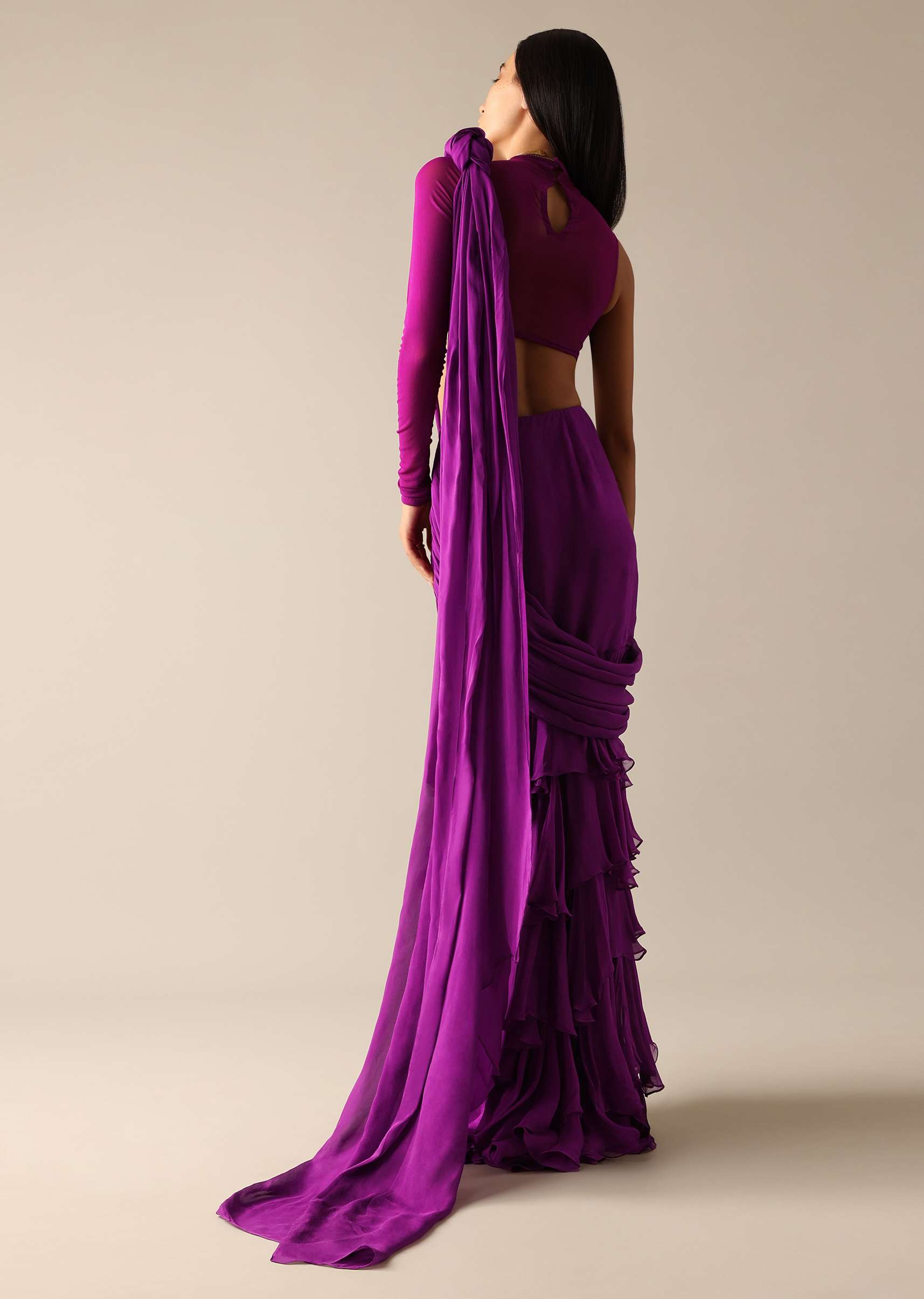 Purple Blouse with Layered Pre Draped Saree