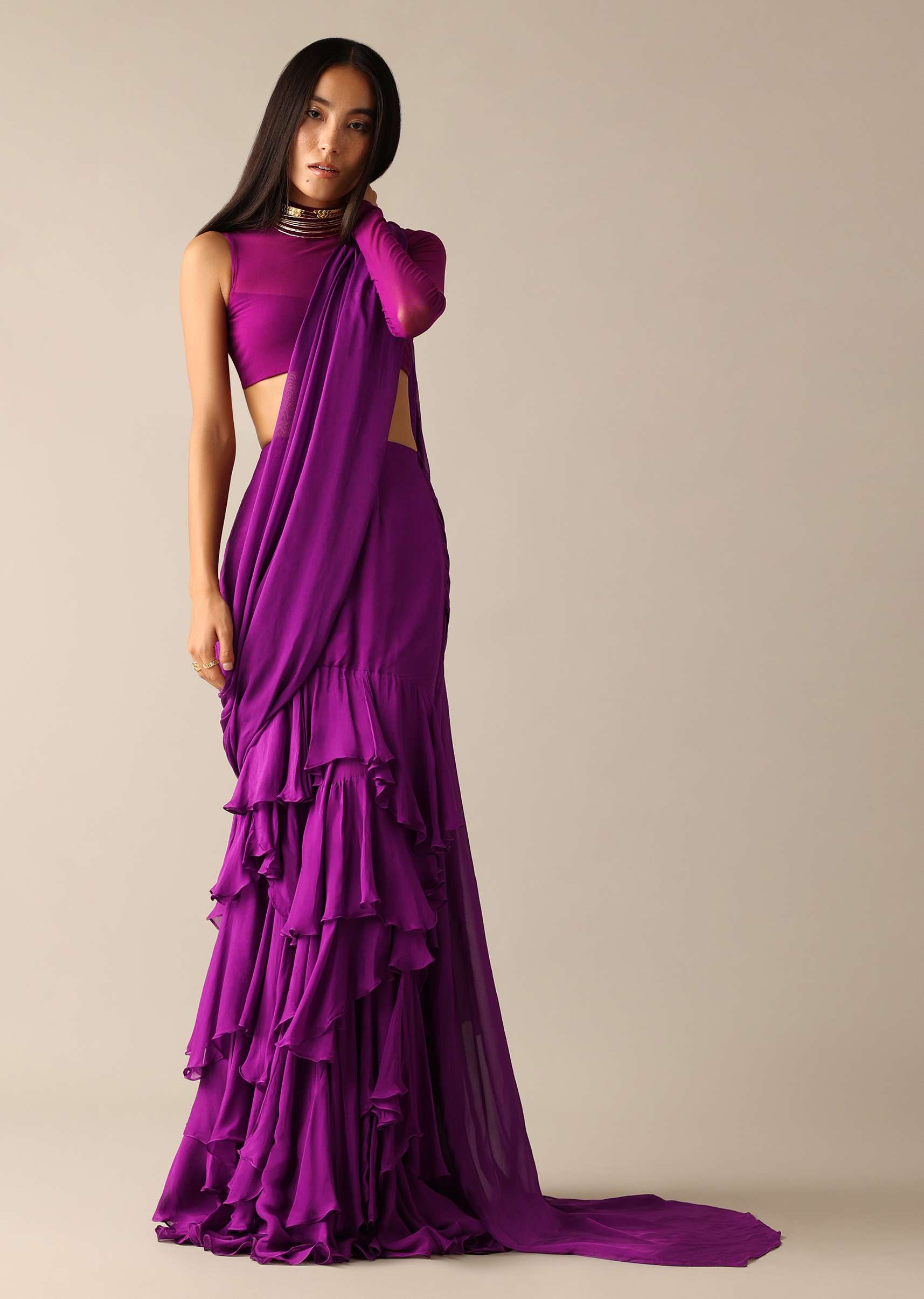 Purple Blouse with Layered Pre Draped Saree