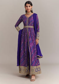 Purple Chinon Leheriya Embroidered Anarkali Set