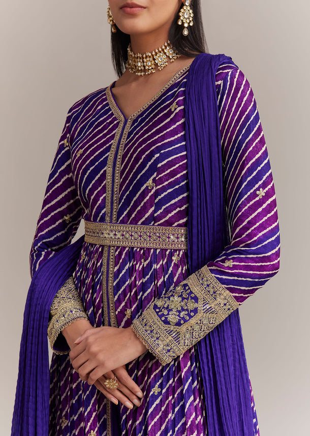 Purple Chinon Leheriya Embroidered Anarkali Set