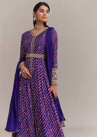 Purple Chinon Leheriya Embroidered Anarkali Set