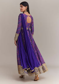 Purple Chinon Leheriya Embroidered Anarkali Set