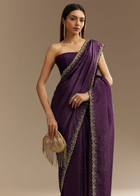 Purple Crushed Tissue Saree With Cutdana And Beads Embroidery