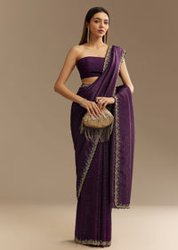 Purple Crushed Tissue Saree With Cutdana And Beads Embroidery