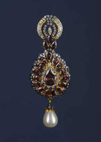 Purple Crystal Studded Drop Shaped Danglers With Stones And Dangling Pearl Online - Kalki Fashion