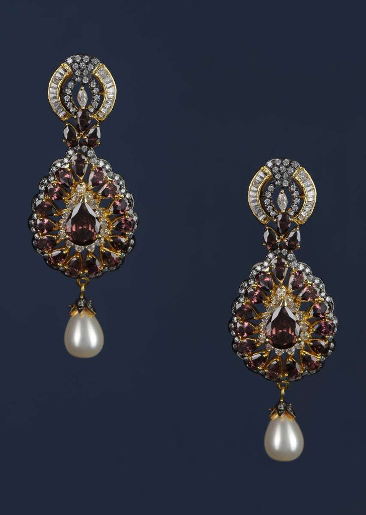 Purple Crystal Studded Drop Shaped Danglers With Stones And Dangling Pearl Online - Kalki Fashion