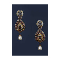 Purple Crystal Studded Drop Shaped Danglers With Stones And Dangling Pearl Online - Kalki Fashion