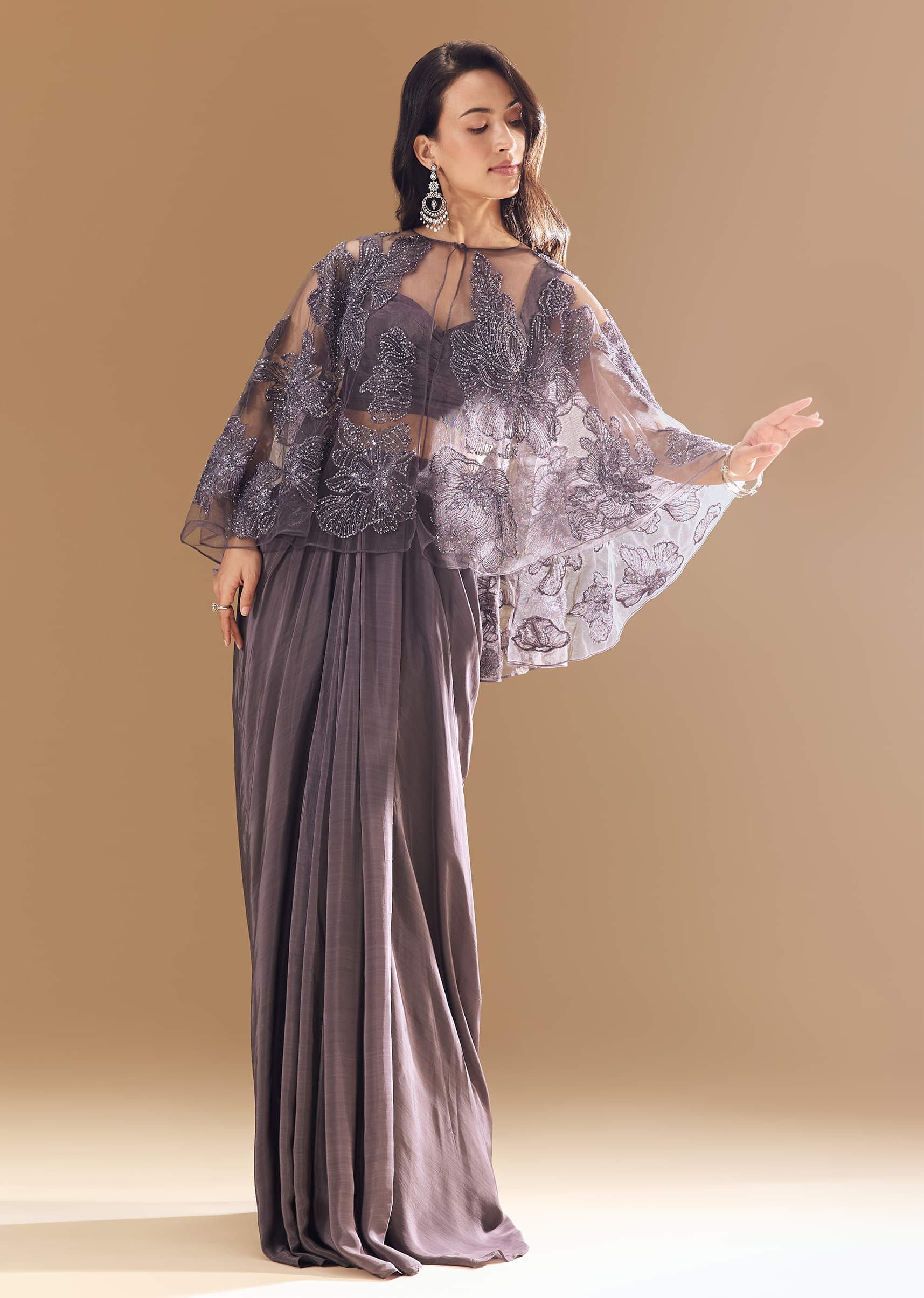 Purple Satin Crop Top And Drape Skirt Set With Embellished Net Cape