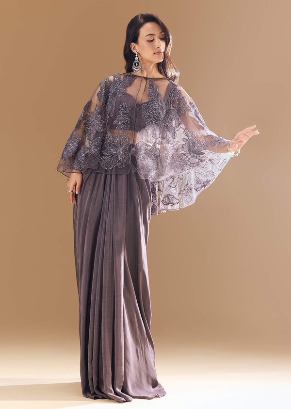 Purple Satin Crop Top And Drape Skirt Set With Embellished Net Cape
