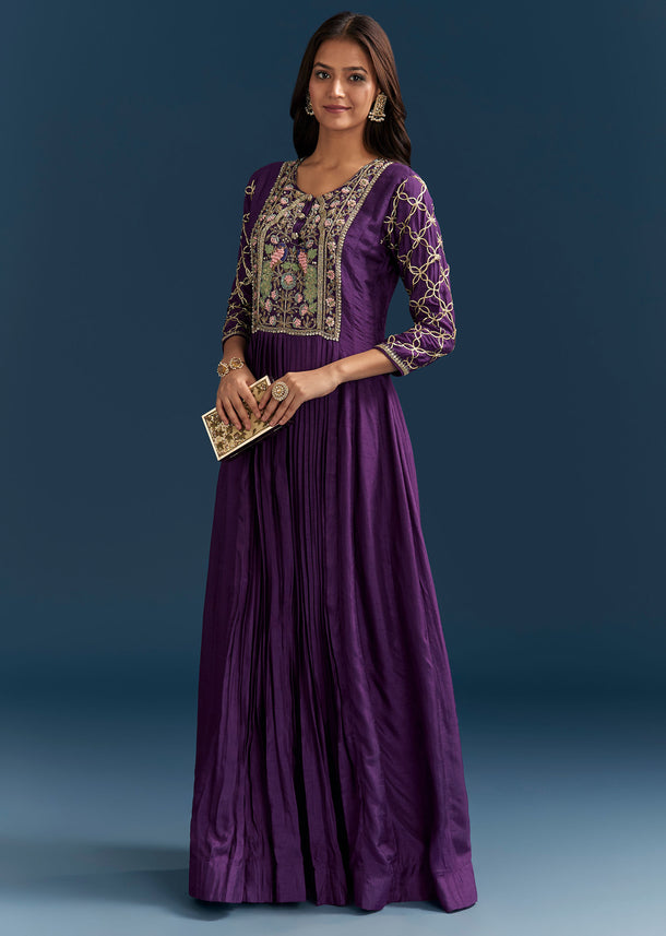 Purple Dola Silk Anarkali Suit With Gotta And Beaded Embroidery